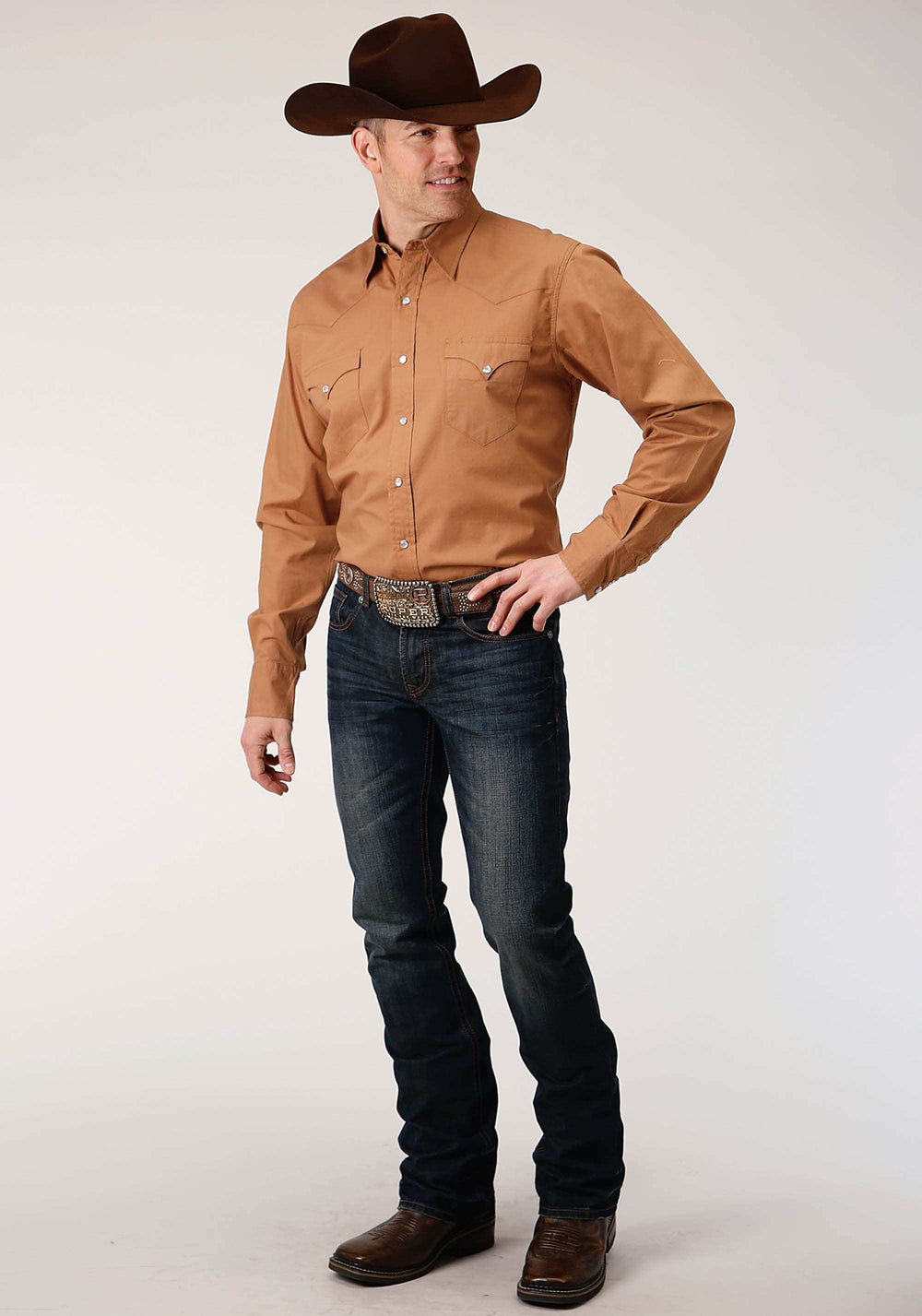 Roper Mens Long Sleeve Snap Solid Poplin Caramel Western Shirt - Roper - Flyclothing LLC