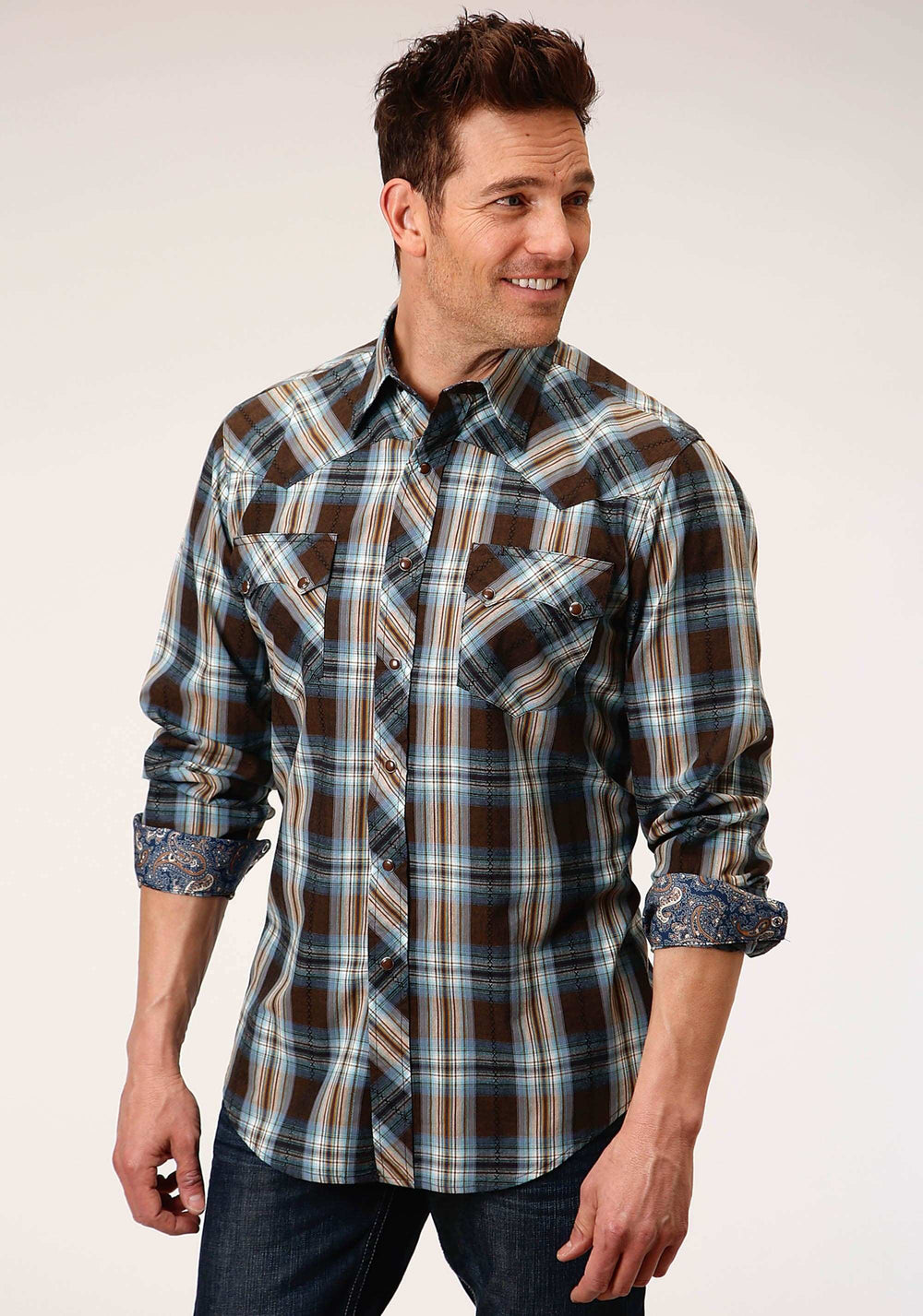 Roper Mens Long Sleeve Snap Crossing Dobby Plaid Western Shirt - Roper - Flyclothing LLC
