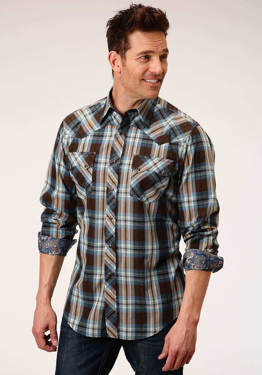 Roper Mens Long Sleeve Snap Crossing Dobby Plaid Western Shirt - Roper - Flyclothing LLC