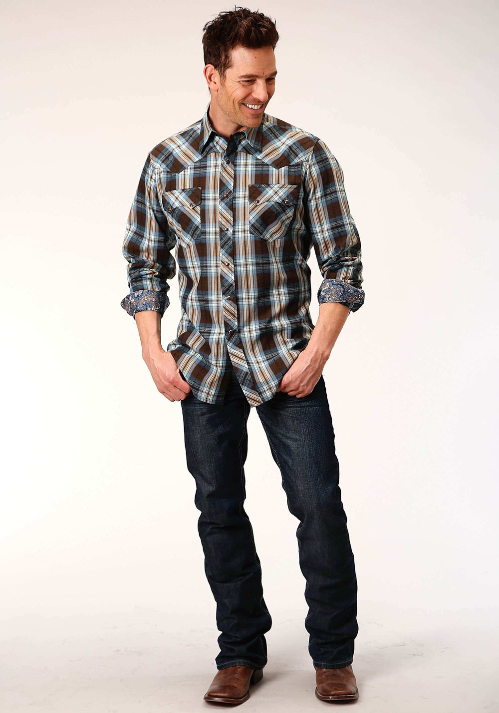 Roper Mens Long Sleeve Snap Crossing Dobby Plaid Western Shirt - Roper - Flyclothing LLC