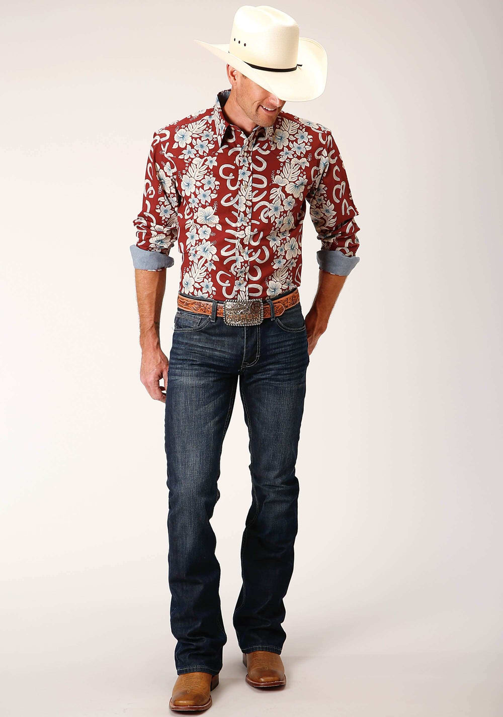 Roper Mens Long Sleeve Snap Hawaiian Horseshoes Print Western Shirt - Roper - Flyclothing LLC