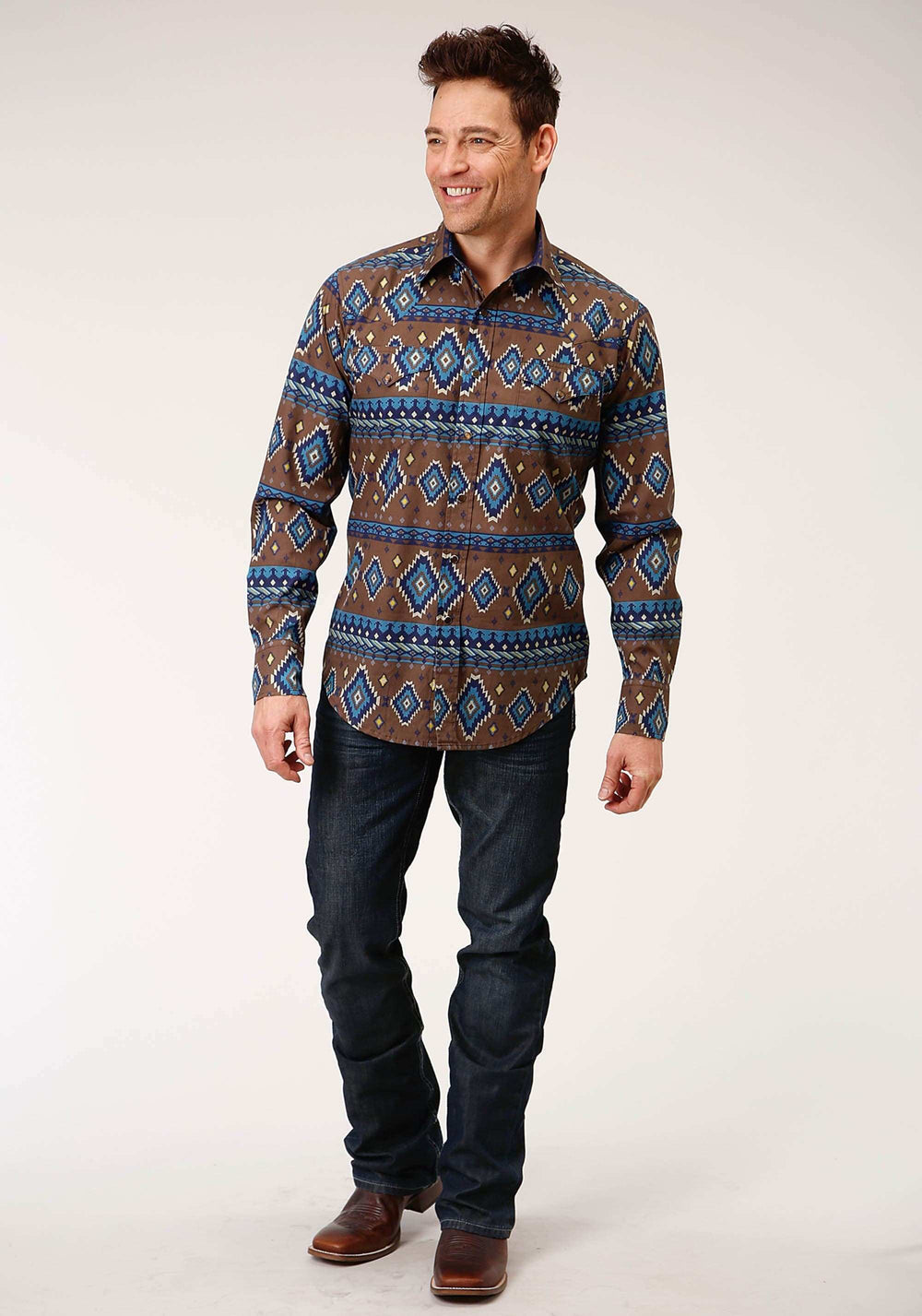 Roper Mens Long Sleeve Snap Chocolate Aztec Print Western Shirt - Roper - Flyclothing LLC