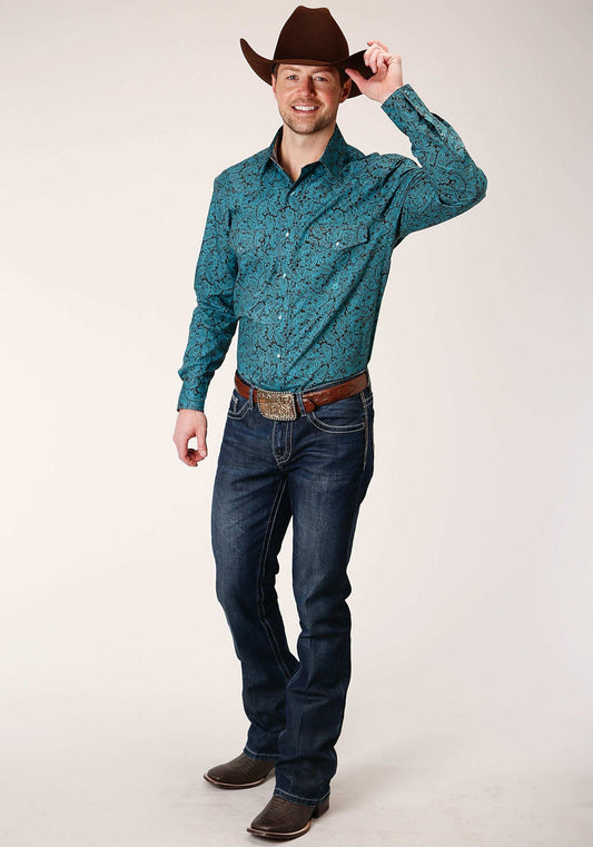 Roper Mens Long Sleeve Snap Blue Agave Paisley Western Shirt - Roper - Flyclothing LLC