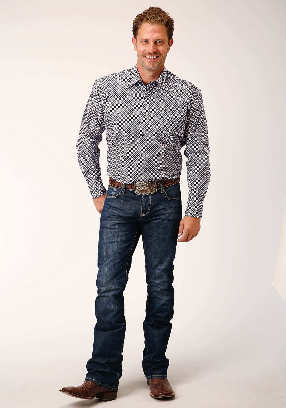 Roper Mens Long Sleeve Snap Tile Pattern Foulard Western Shirt - Roper - Flyclothing LLC