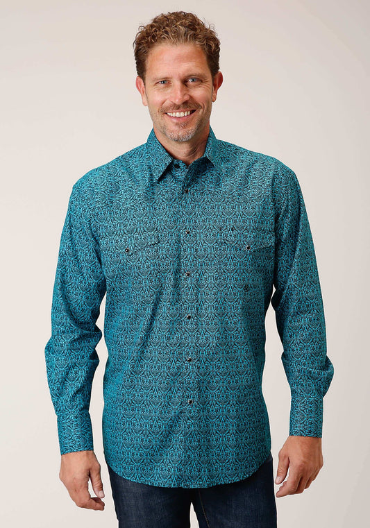 Roper Mens Long Sleeve Snap Vintage Teal Print Western Shirt - Roper - Flyclothing LLC