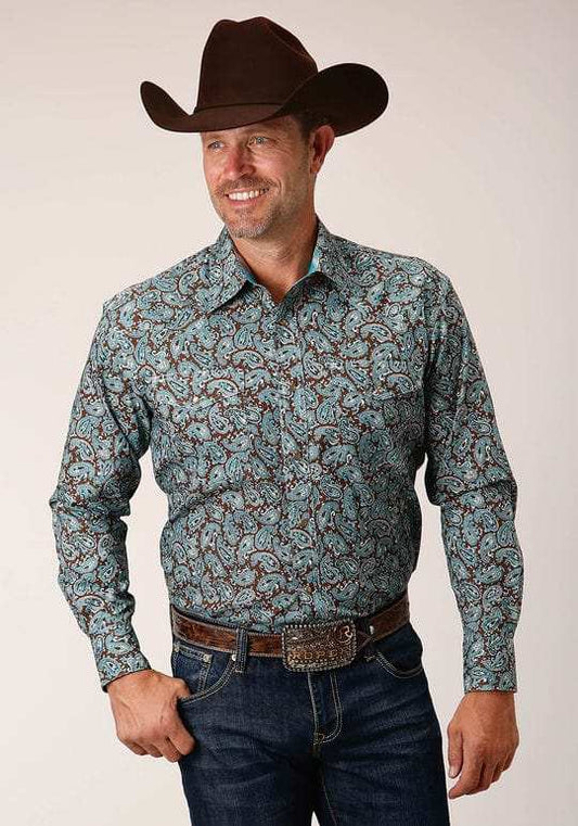 Roper Mens Long Sleeve Snap Turquoise Mine Paisley Western Shirt - Roper - Flyclothing LLC