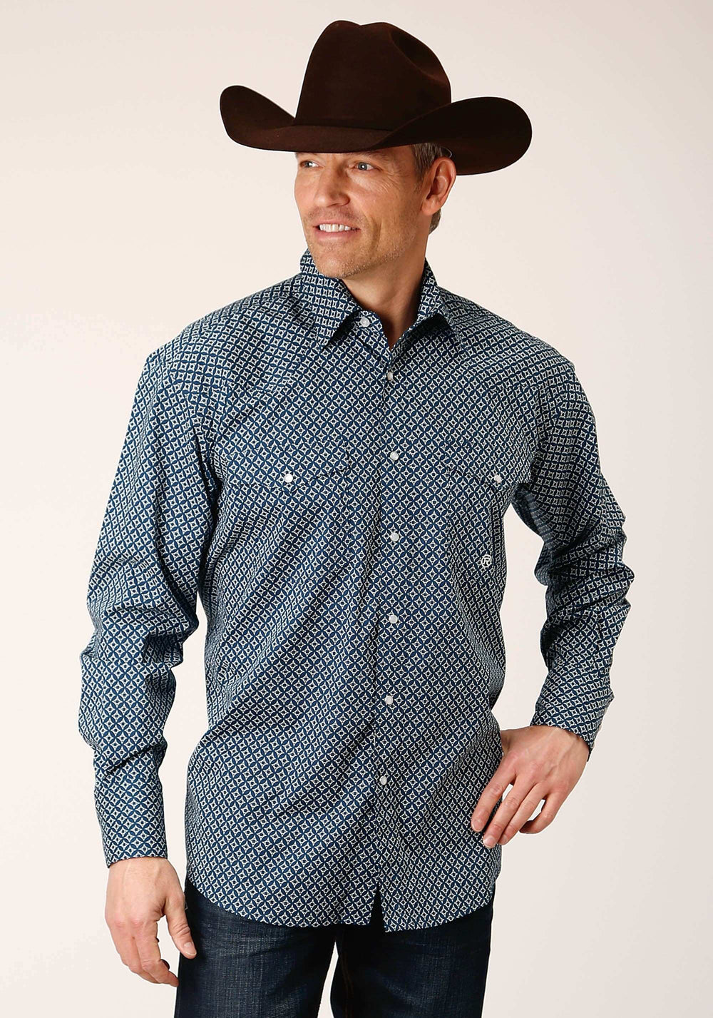 Roper Mens Long Sleeve Snap Diamond Print Navy Western Shirt - Roper - Flyclothing LLC