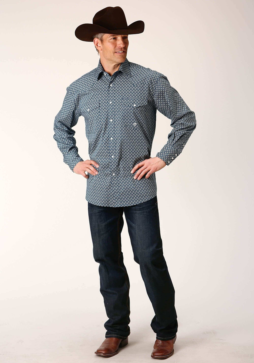 Roper Mens Long Sleeve Snap Diamond Print Navy Western Shirt - Roper - Flyclothing LLC