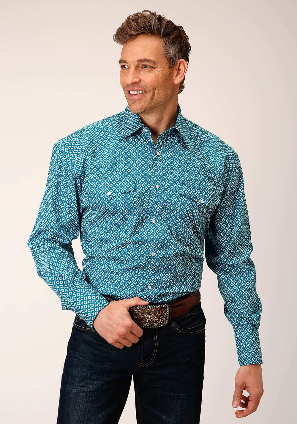 Roper Mens Long Sleeve Snap Diamond Print Turquoise Western Shirt - Roper - Flyclothing LLC