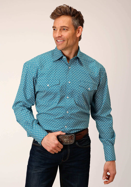 Roper Mens Long Sleeve Snap Diamond Print Turquoise Western Shirt - Roper - Flyclothing LLC