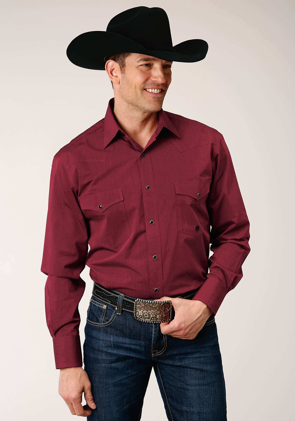 Roper Mens Long Sleeve Snap Black Fill Solid Red Western Shirt - Roper - Flyclothing LLC