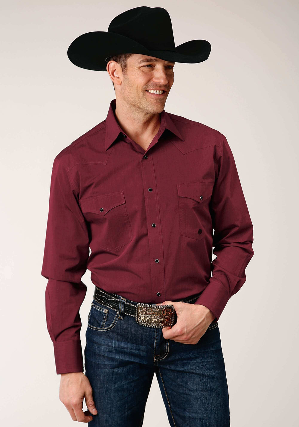 Roper Mens Long Sleeve Snap Black Fill Solid Wine Western Shirt - Roper - Flyclothing LLC