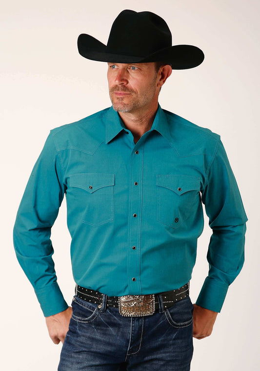 Roper Mens Long Sleeve Snap Black Fill Solid Teal Western Shirt - Roper - Flyclothing LLC