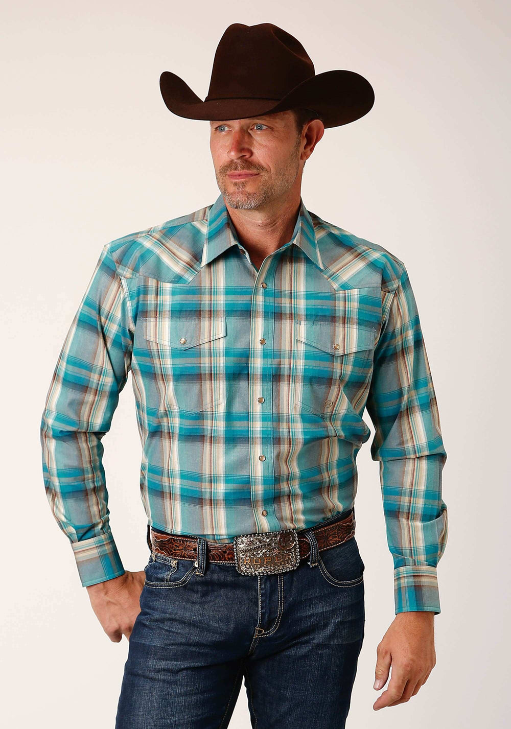 Roper Mens Long Sleeve Snap Sandy Turquoise Plaid Western Shirt - Roper - Flyclothing LLC
