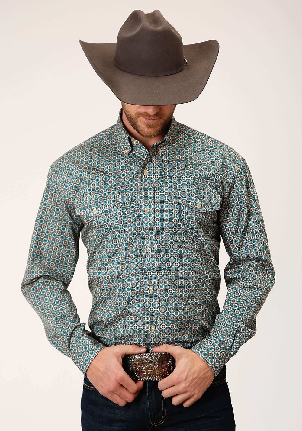 Roper Mens Long Sleeve Button Teal Foulard Western Shirt - Roper - Flyclothing LLC