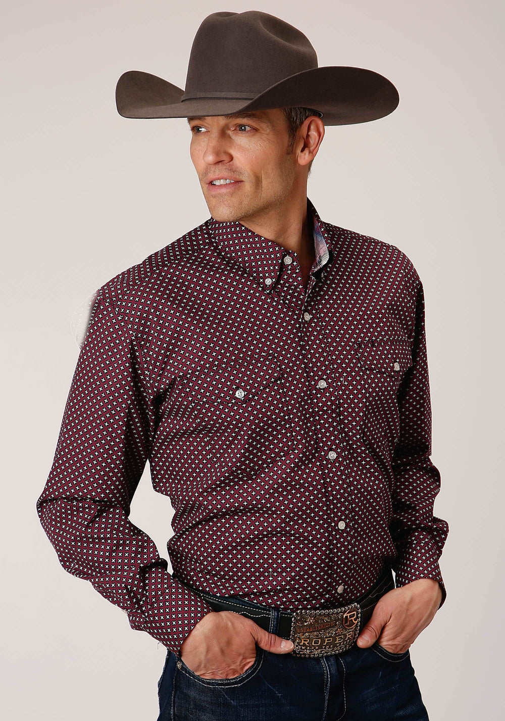 Roper Mens Long Sleeve Button Wine Star Geo Western Shirt - Roper - Flyclothing LLC