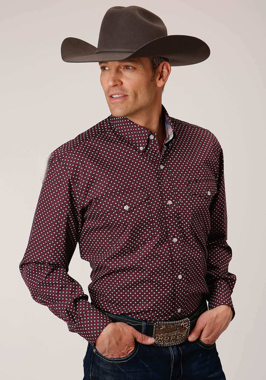 Roper Mens Long Sleeve Button Wine Star Geo Western Shirt - Roper - Flyclothing LLC