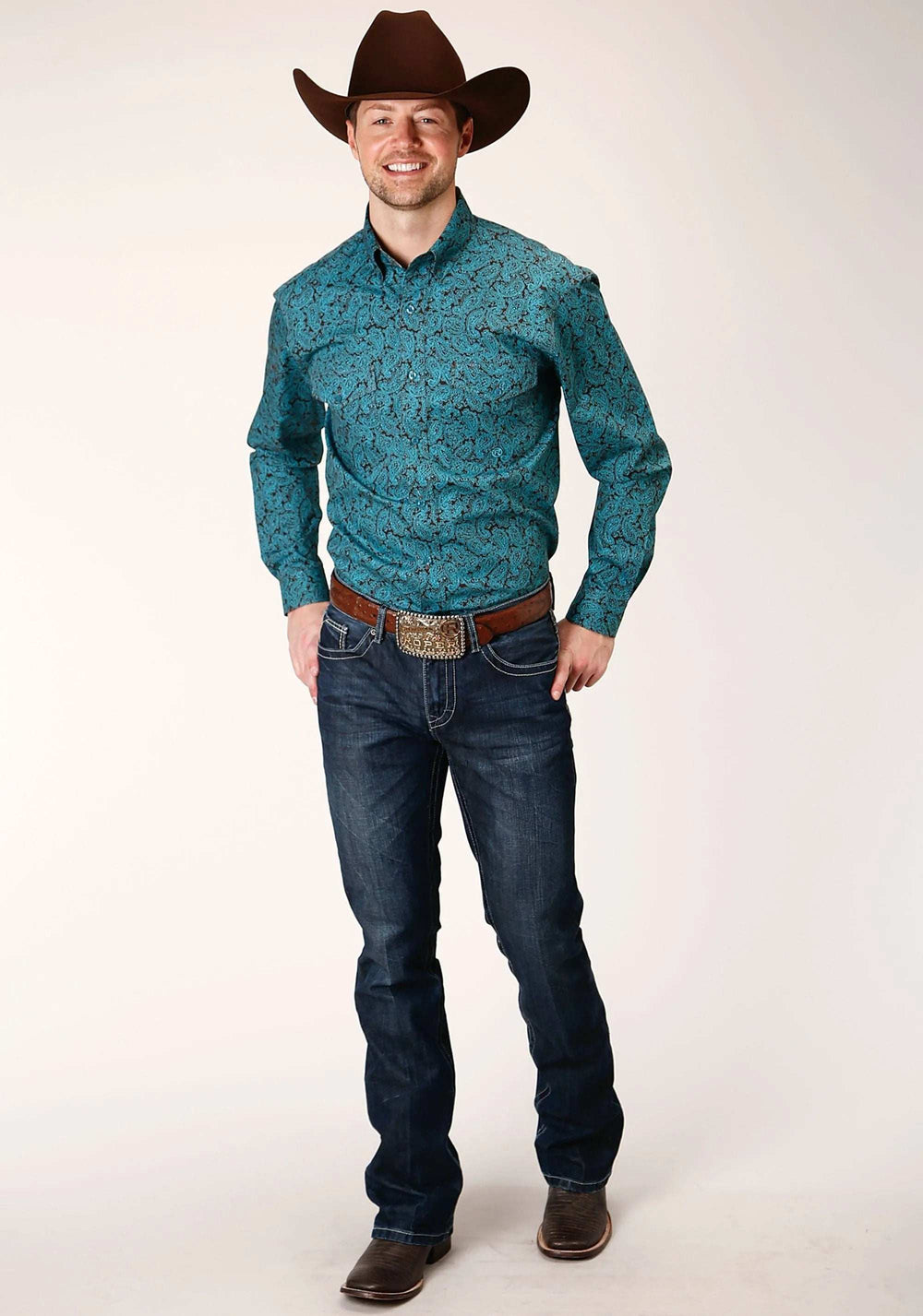 Roper Mens Long Sleeve Button Blue Agave Paisley Western Shirt - Roper - Flyclothing LLC