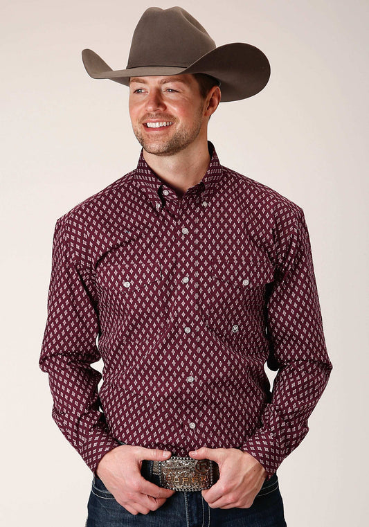 Roper Mens Long Sleeve Button Point Diamonds Wine Western Shirt - Roper - Flyclothing LLC