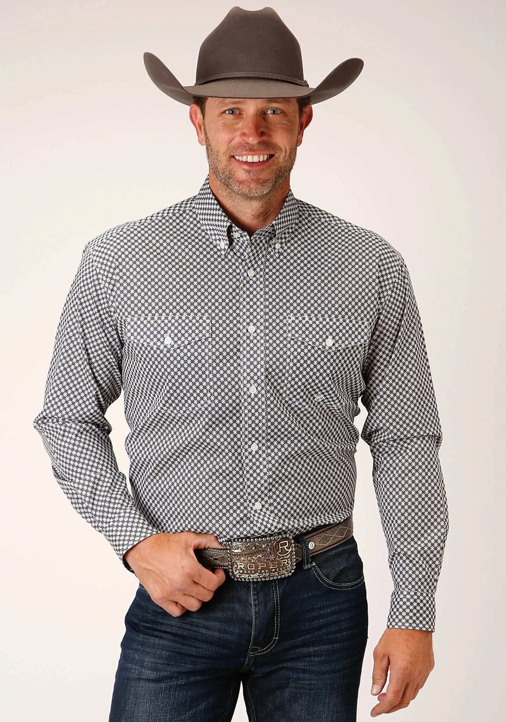 Roper Mens Long Sleeve Button Diamond Star Geo Grey Western Shirt - Roper - Flyclothing LLC
