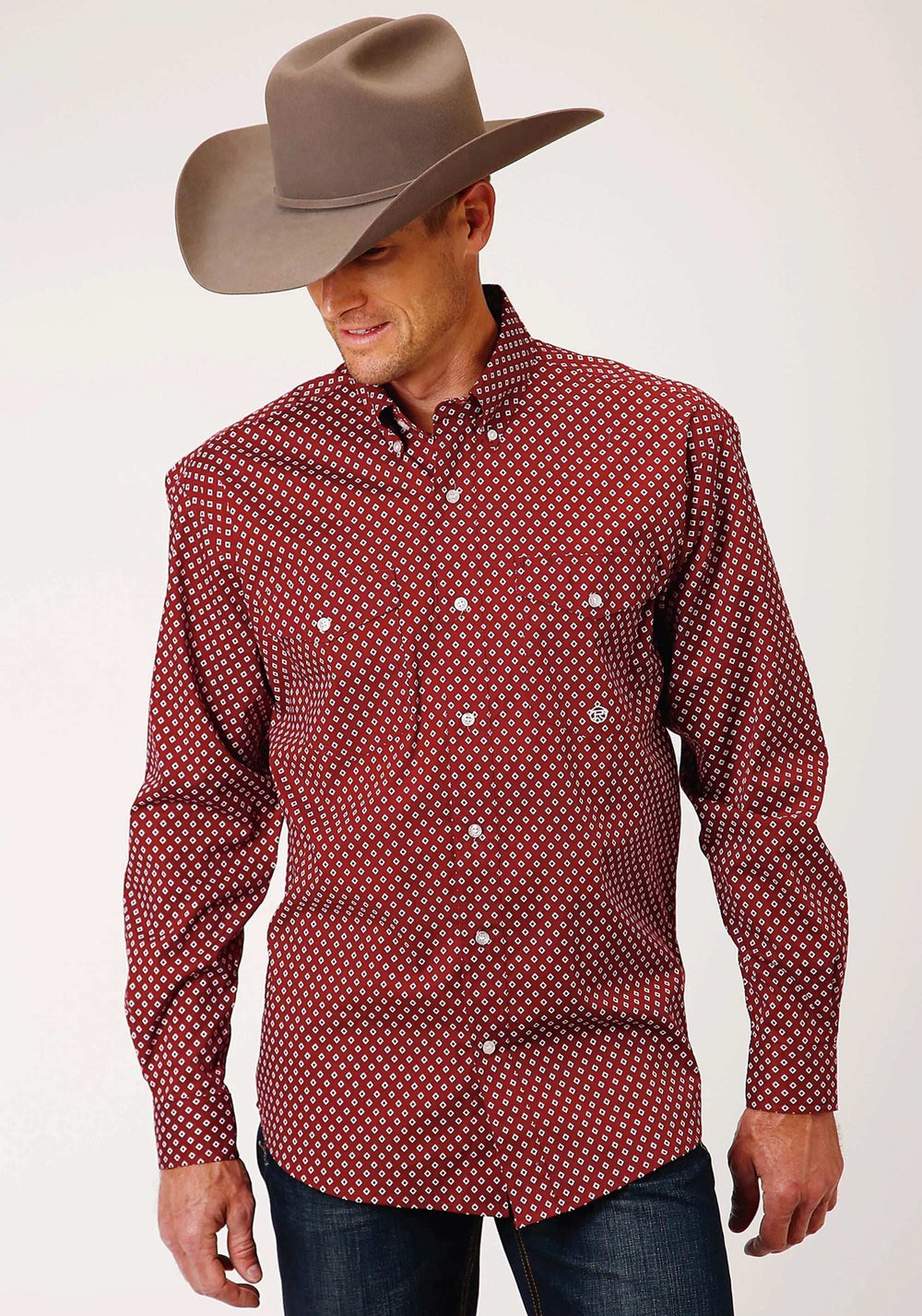 Roper Mens Long Sleeve Button Stretch Poplin Diamond Wine Western Shirt - Roper - Flyclothing LLC