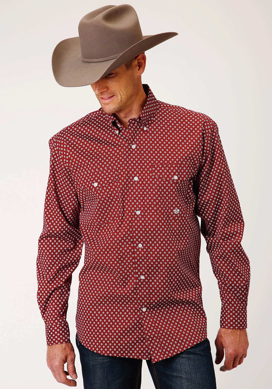 Roper Mens Long Sleeve Button Stretch Poplin Diamond Wine Western Shirt - Roper - Flyclothing LLC