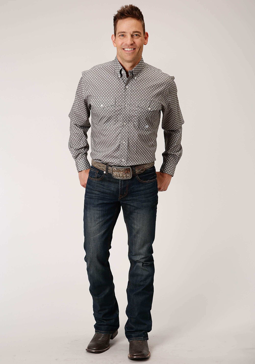 Roper Mens Long Sleeve Button Stretch Poplin Diamond Grey Western Shirt - Roper - Flyclothing LLC