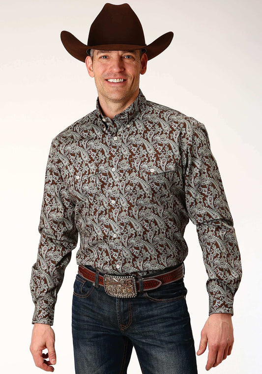 Roper Mens Long Sleeve Button Pine Paisley Western Shirt - Roper - Flyclothing LLC