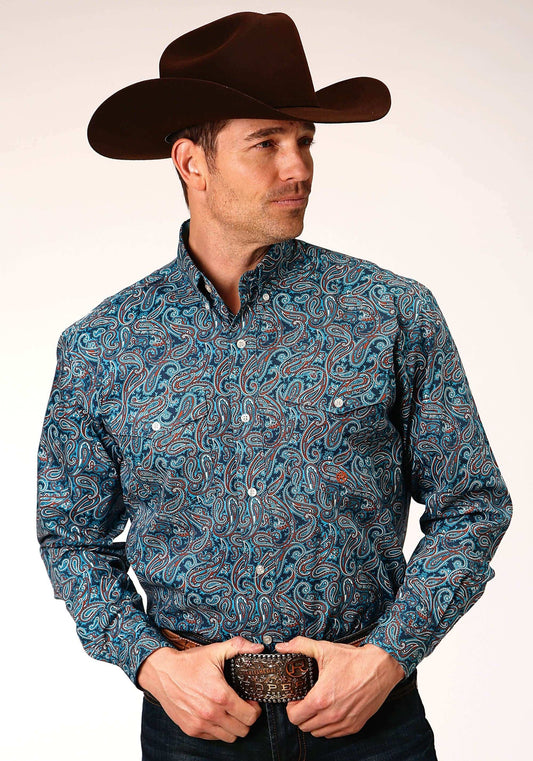Roper Mens Long Sleeve Button Blue Canyon Paisley Western Shirt - Roper - Flyclothing LLC