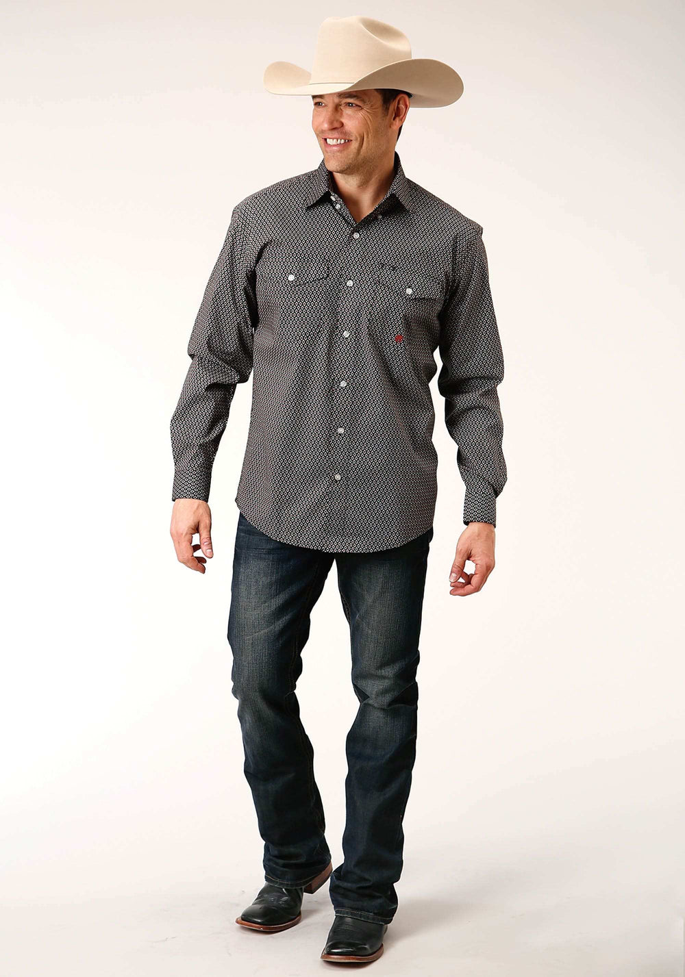 Roper Mens Long Sleeve Button Diamond Neat Olive Western Shirt - Roper - Flyclothing LLC