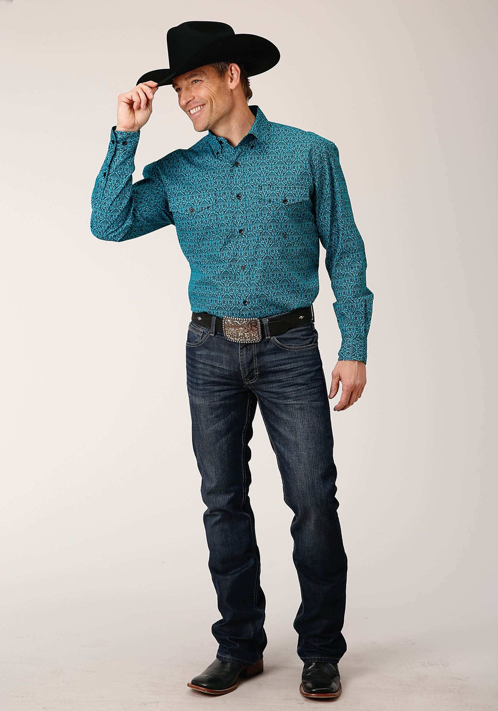 Roper Mens Long Sleeve Button Vintage Teal Print Western Shirt - Roper - Flyclothing LLC