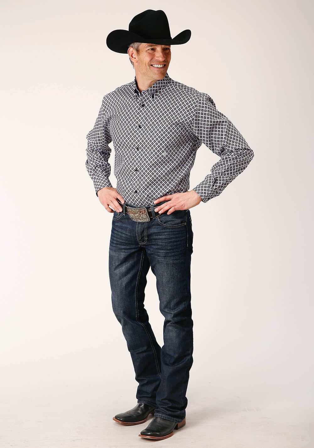 Roper Mens Long Sleeve Button Tile Pattern Foulard Western Shirt - Roper - Flyclothing LLC