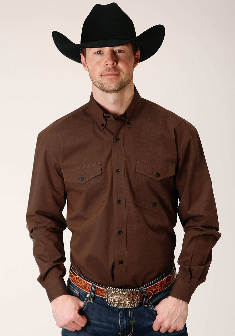 Roper Mens Long Sleeve Button Black Fill Brown Western Shirt - Roper - Flyclothing LLC