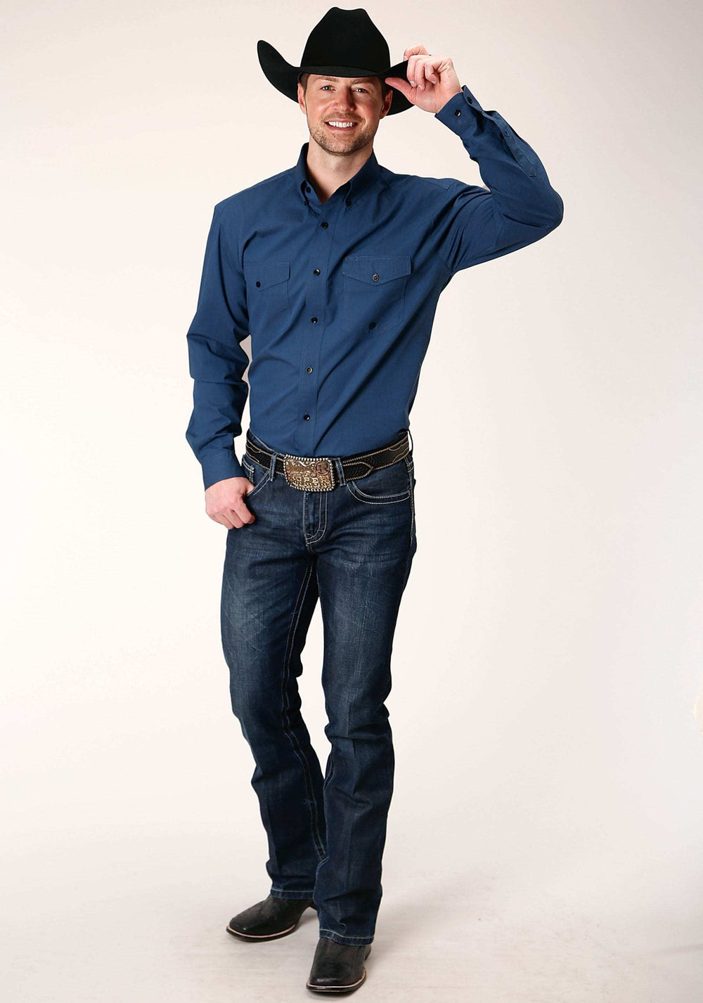 Roper Mens Long Sleeve Button Black Fill Solid Blue Western Shirt - Roper - Flyclothing LLC