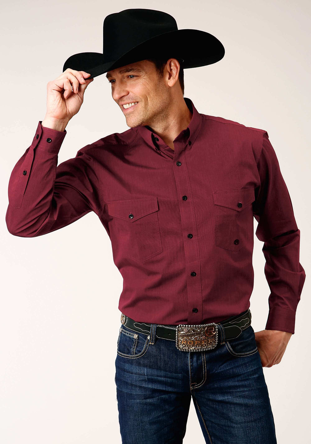Roper Mens Long Sleeve Button Black Fill Solid Wine Western Shirt - Roper - Flyclothing LLC