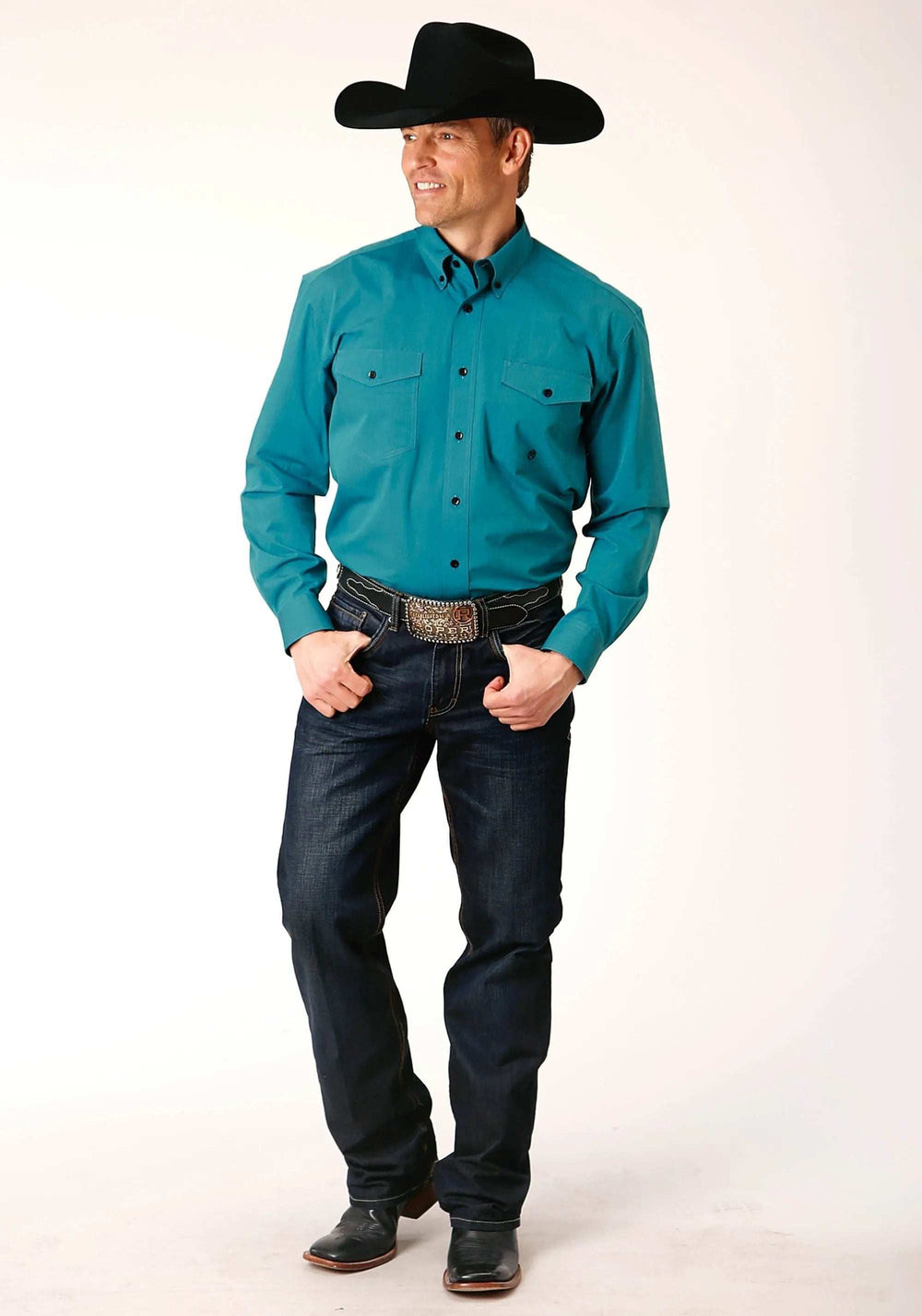 Roper Mens Long Sleeve Button Black Fill Solid Teal Western Shirt - Roper - Flyclothing LLC