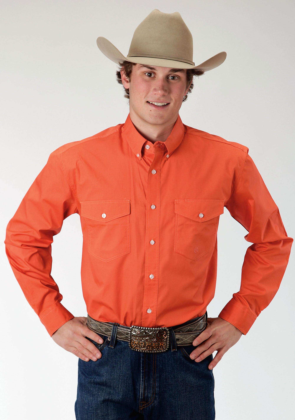 Roper Mens Orange Solid Long Sleeve Western Button Shirt - Roper - Flyclothing LLC