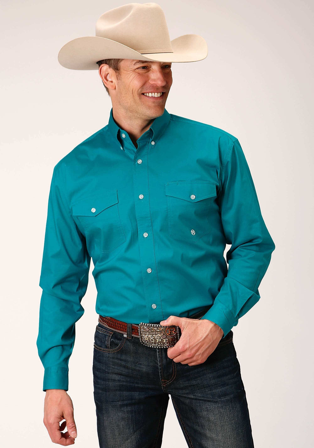 Roper Mens Long Sleeve Button Solid Poplin Stretch Turquoise Western Shirt - Roper - Flyclothing LLC