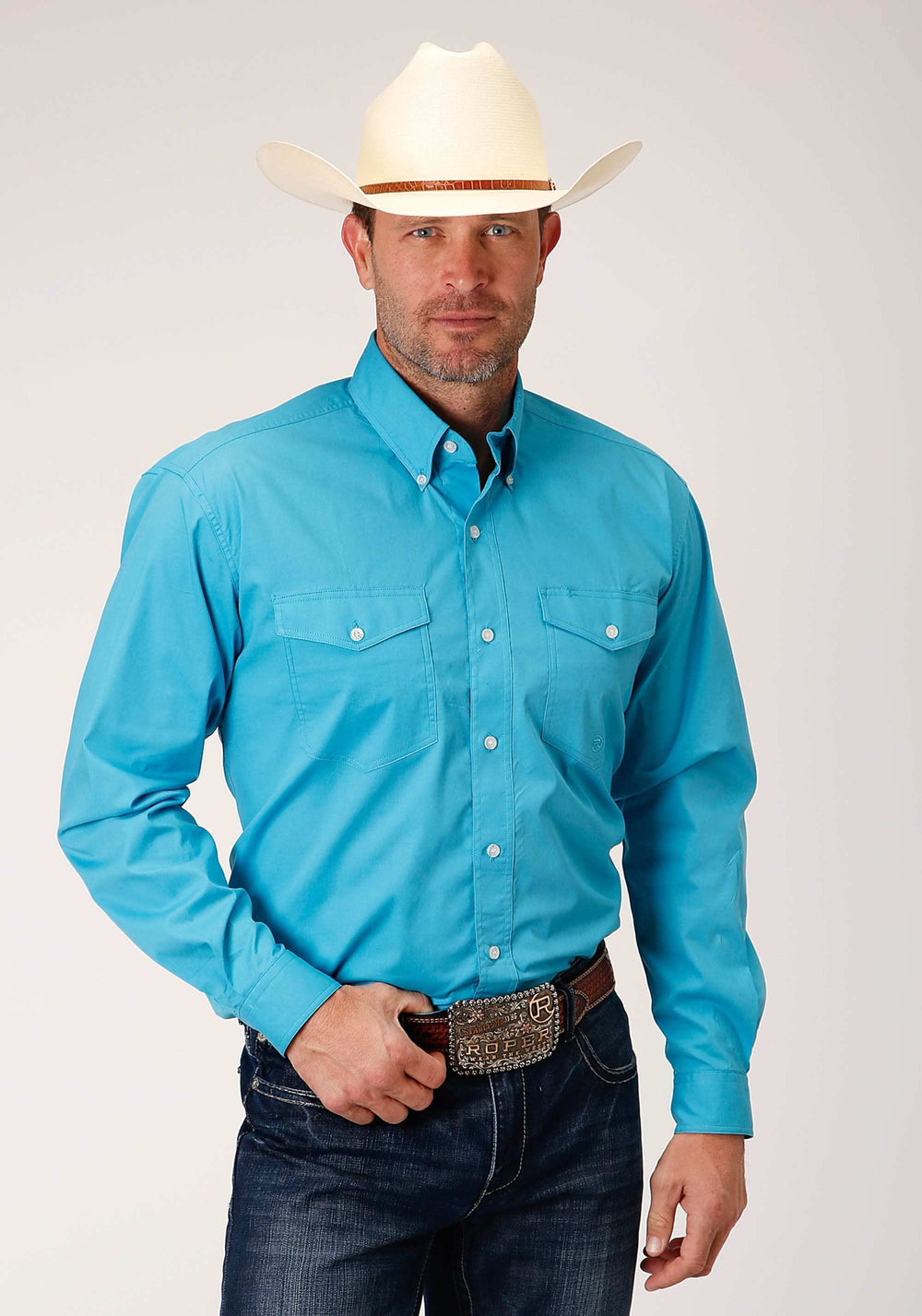Roper Mens Long Sleeve Button Stretch Poplin Turquoise Western Shirt - Roper - Flyclothing LLC