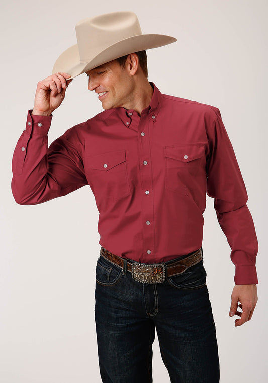 Roper Mens Long Sleeve Button Stretch Poplin Red Western Shirt