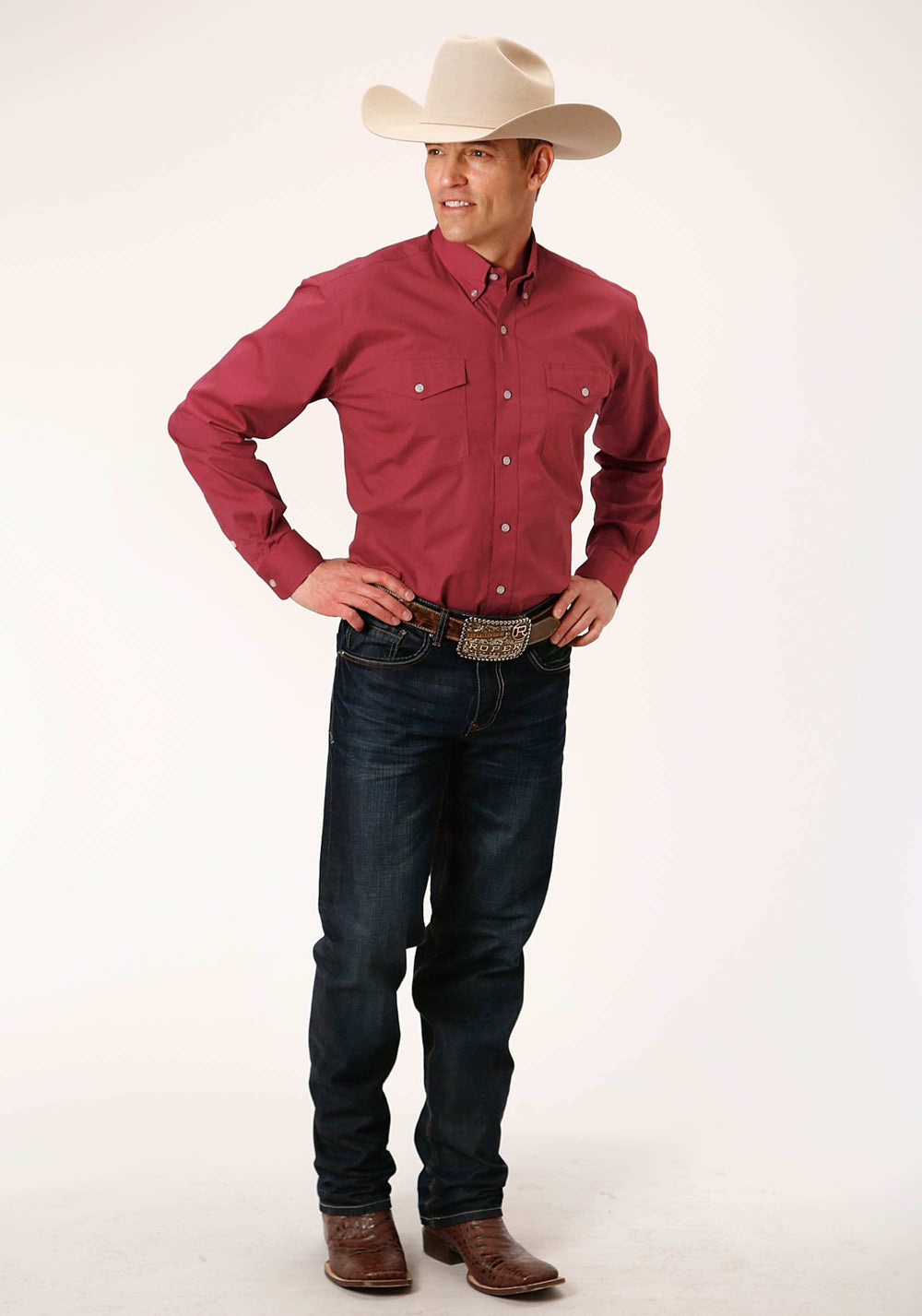 Roper Mens Long Sleeve Button Stretch Poplin Red Western Shirt - Roper - Flyclothing LLC