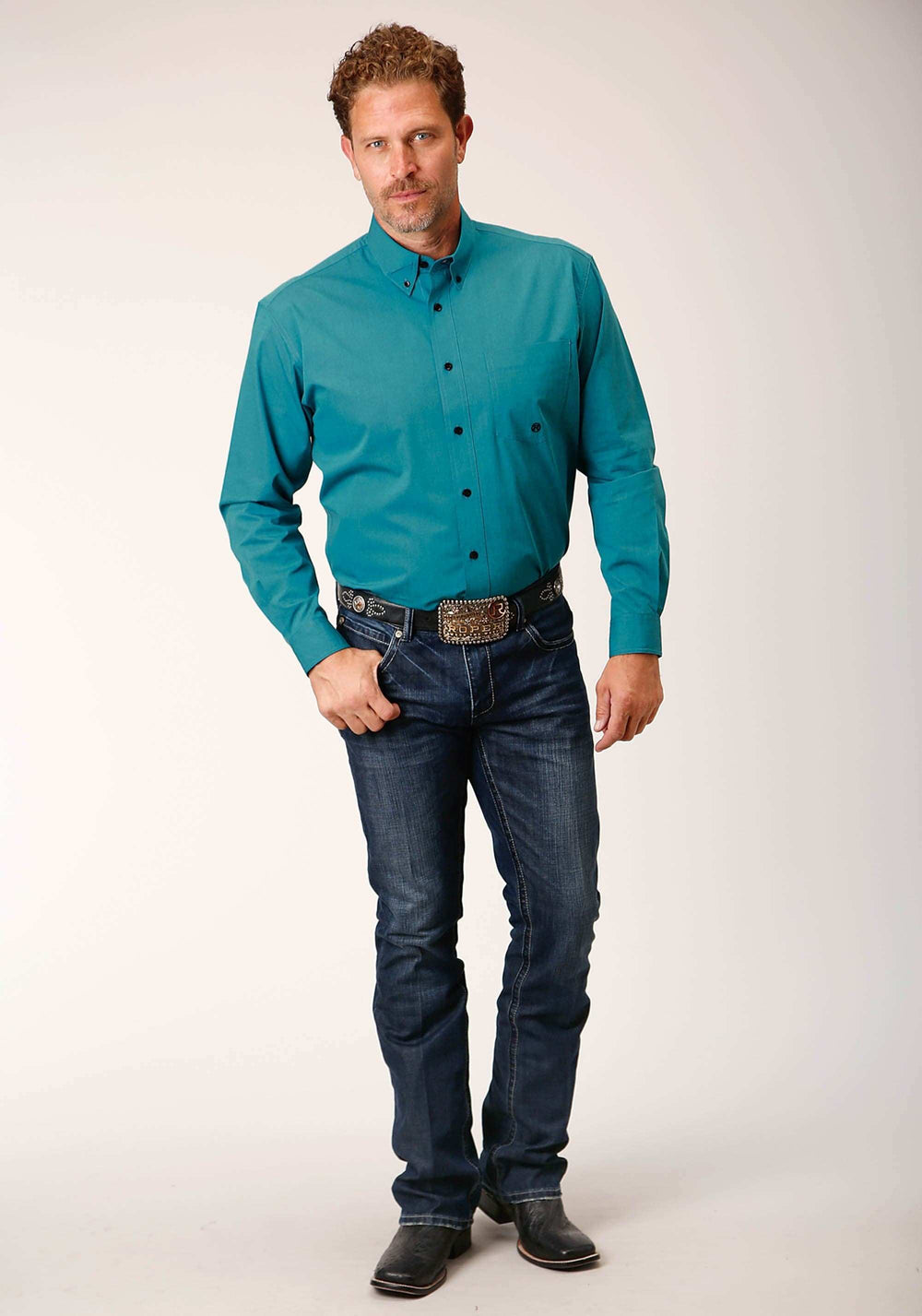 Roper Mens Long Sleeve Button Black Fill Solid Teal Western Shirt - Roper - Flyclothing LLC