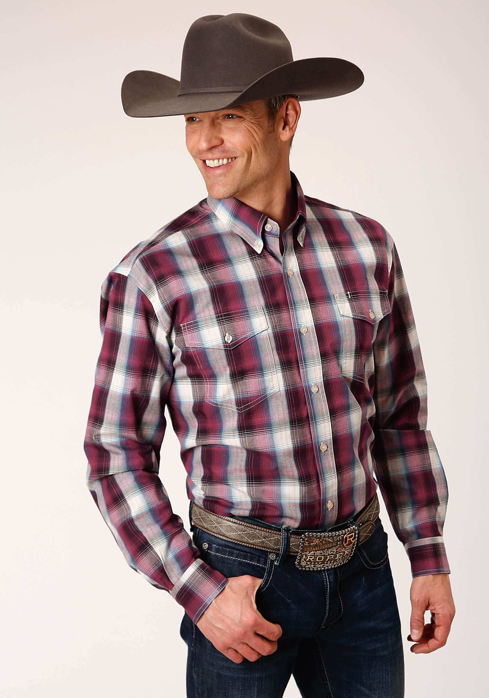 Roper Mens Long Sleeve Button Wine Plaid Western Shirt - Roper - Flyclothing LLC
