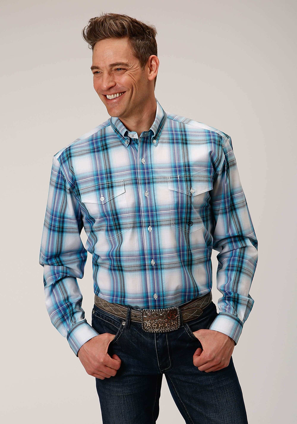 Roper Mens Long Sleeve Button Clear Sky Plaid Western Shirt - Roper - Flyclothing LLC