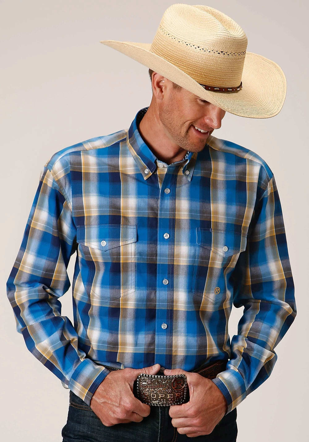 Roper Mens Long Sleeve Button Clear Sky Plaid Western Shirt - Roper - Flyclothing LLC