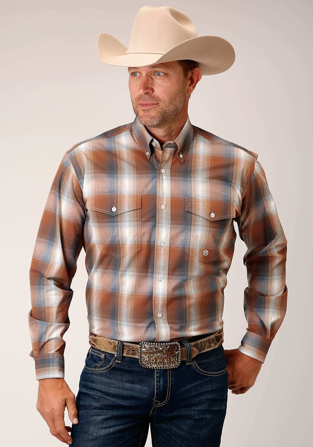 Roper Mens Long Sleeve Button Copper Ombre Plaid Western Shirt - Roper - Flyclothing LLC