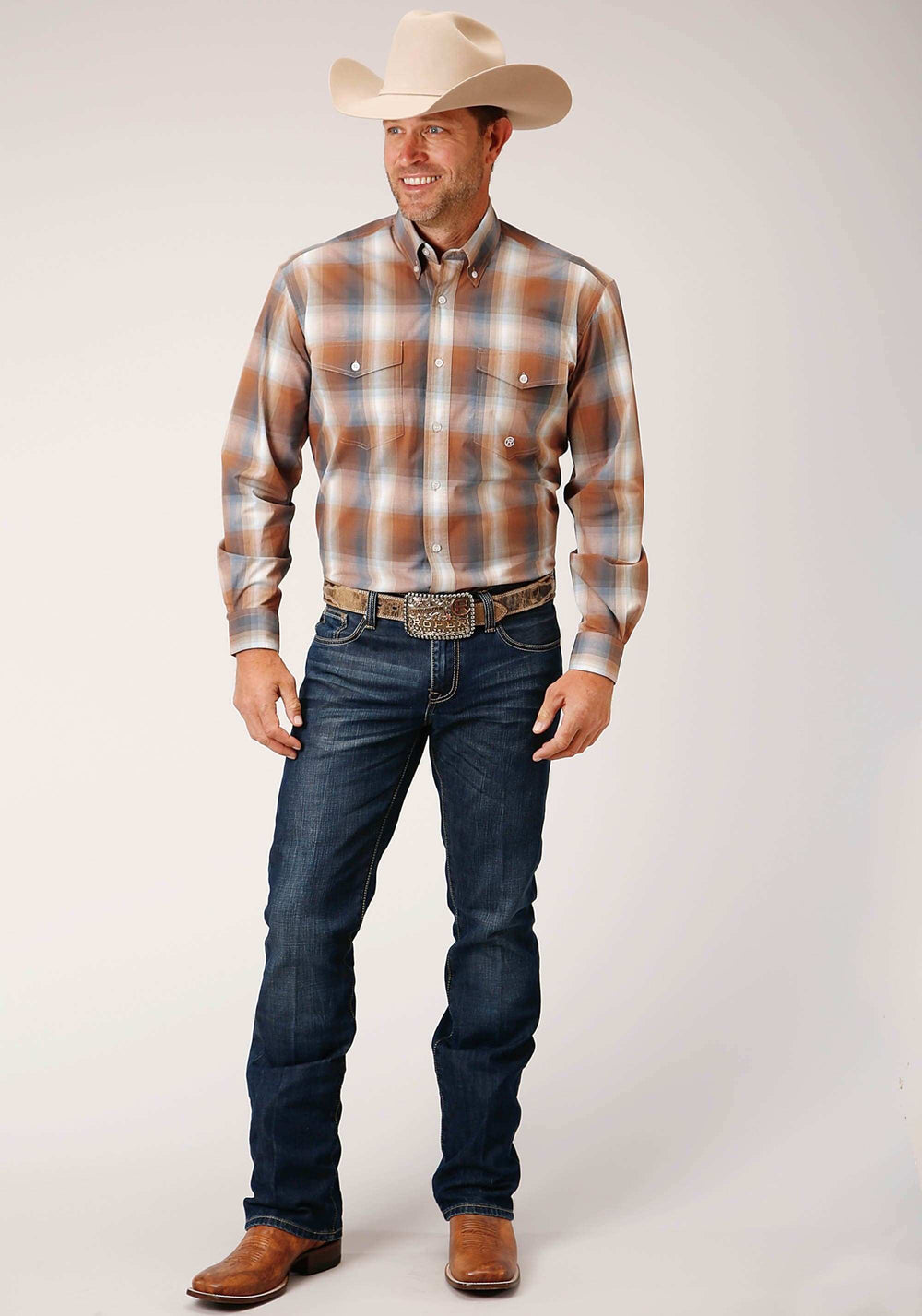 Roper Mens Long Sleeve Button Copper Ombre Plaid Western Shirt - Roper - Flyclothing LLC