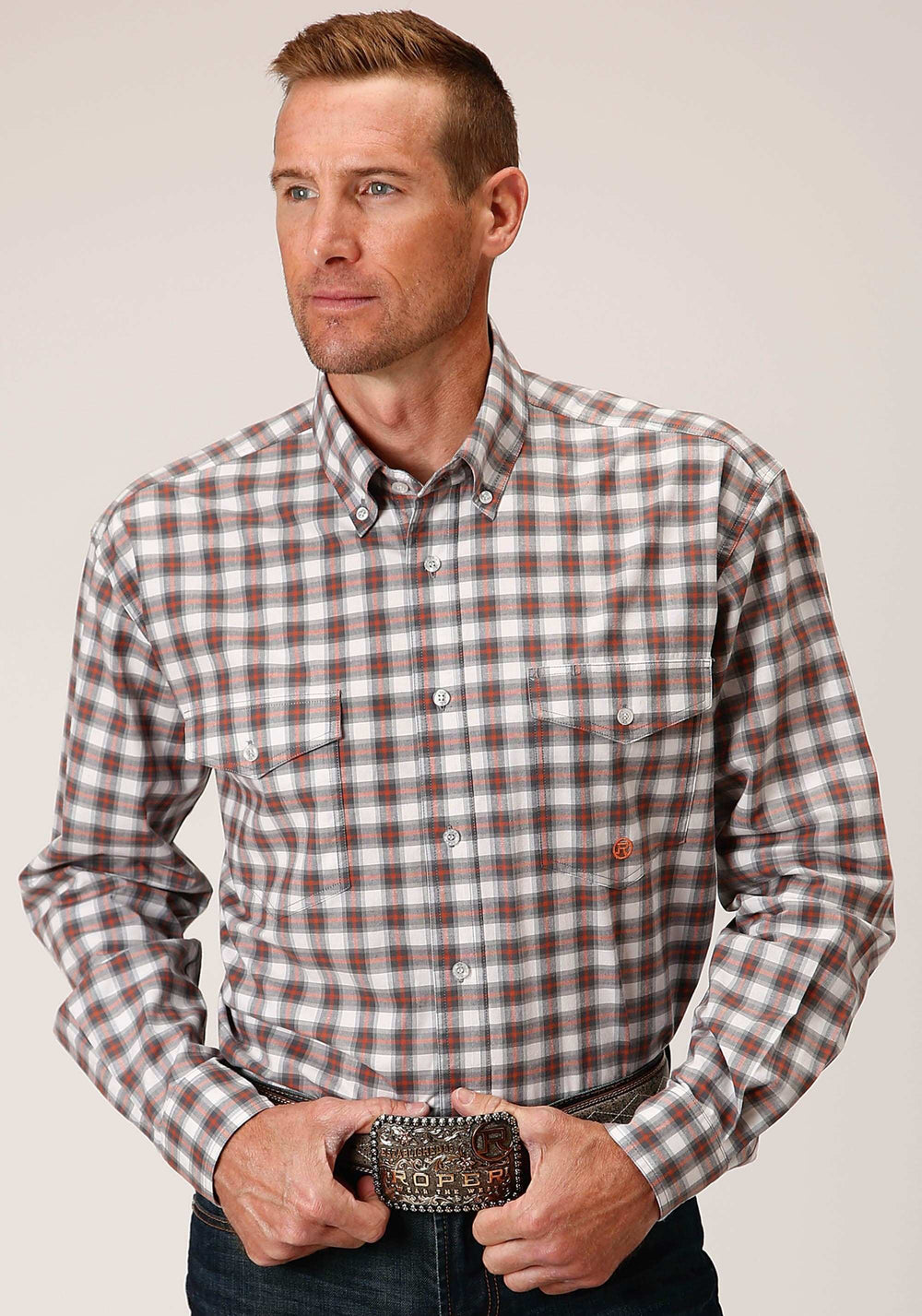 Roper Mens Long Sleeve Button New Stretch Check Grey Western Shirt - Roper - Flyclothing LLC