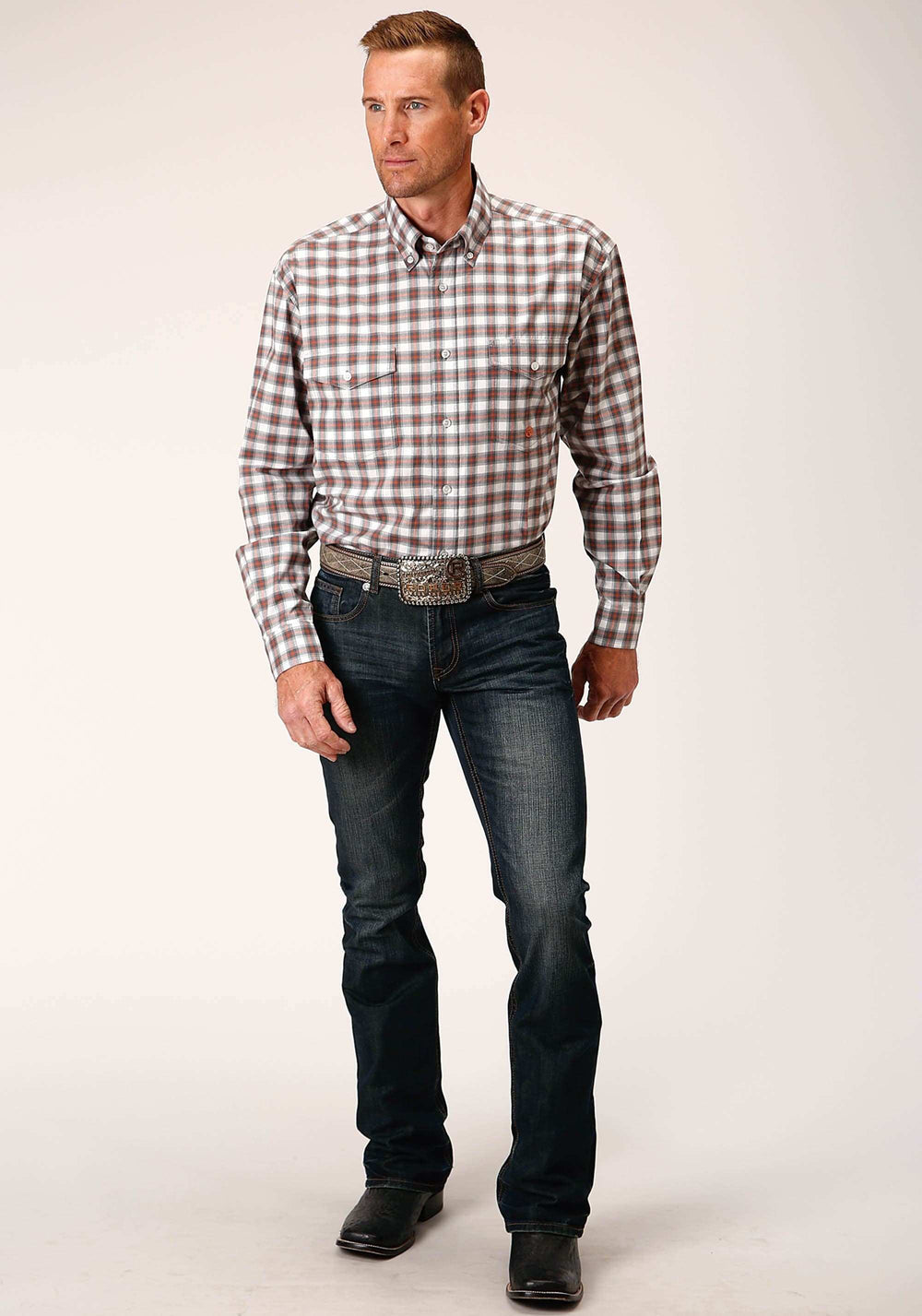 Roper Mens Long Sleeve Button New Stretch Check Grey Western Shirt - Roper - Flyclothing LLC