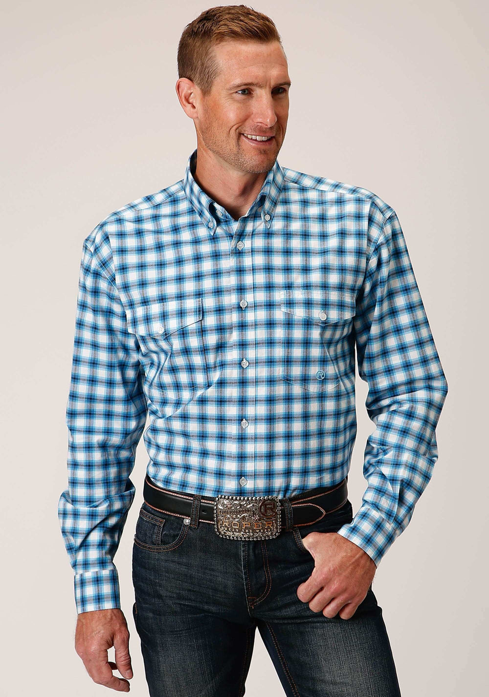 Roper Mens Long Sleeve Button New Stretch Check Blue Western Shirt - Roper - Flyclothing LLC